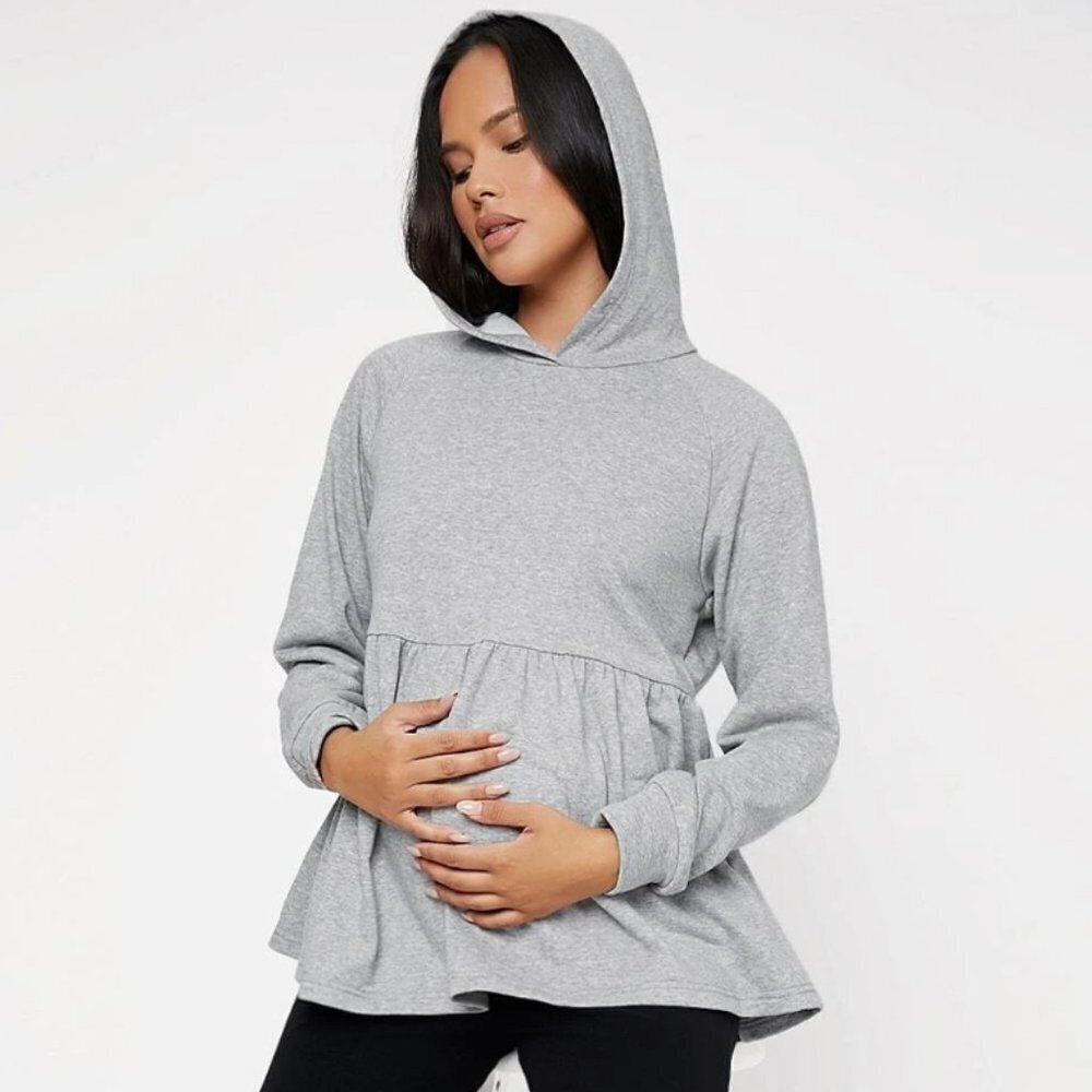 SHEIN Basics Maternity Marled Heather Grey Raglan Sleeve Peplum Hoodie Sz M